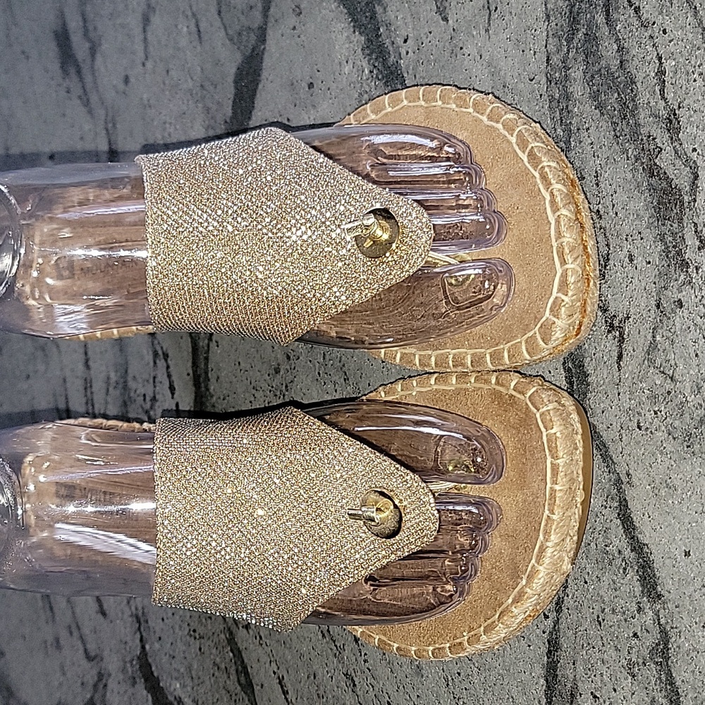 WHITE MOUNTAIN Gold Sparkle Slide Sandals w/Braided Jute Wedge Heel sz 8.5M